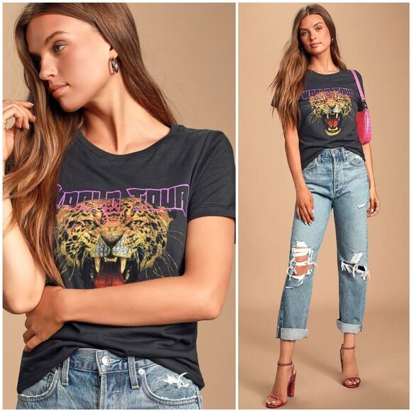 Lulus Women's S Prince Peter Tiger World Tour Washed Black Graphic T-shirt - Picture 1 of 16